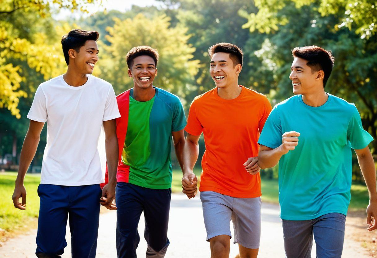A lively scene showcasing cheerful young men engaged in various joyful activities, like playing sports, sharing laughter, and enjoying nature. Bright sunlight bathes the landscape, highlighting their smiles and vibrant clothing. Add elements of friendship and camaraderie, with an emphasis on uplifting emotions and togetherness. Colors should be warm and inviting, creating a sense of joy and positivity. super-realistic. vibrant colors. outdoor setting.