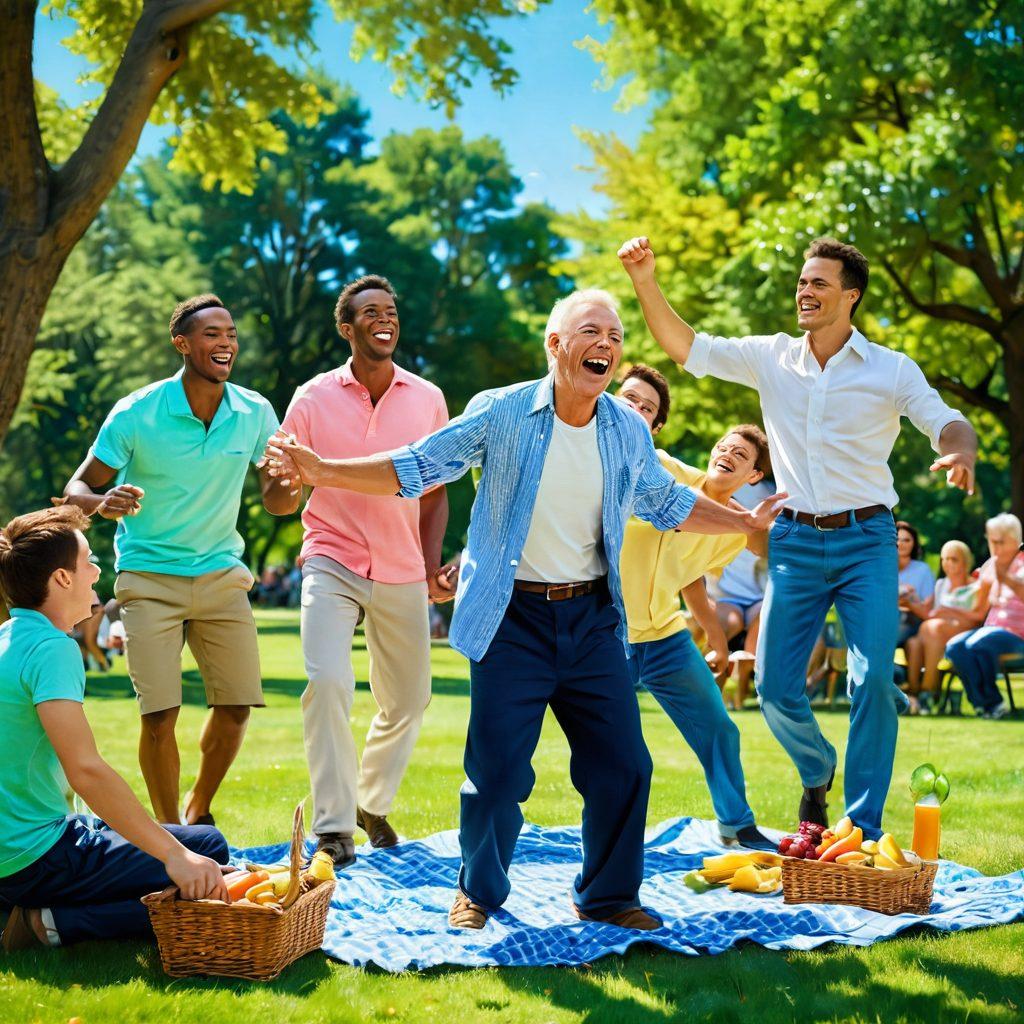 A lively outdoor scene showcasing joyful men in various settings: a group laughing at a picnic, a father playing with his children in a park, and a man dancing at a celebration. Bright colors capture the essence of happiness, with a background of blue skies and green trees. Highlight their expressions of joy and camaraderie. super-realistic. vibrant colors. warm lighting.